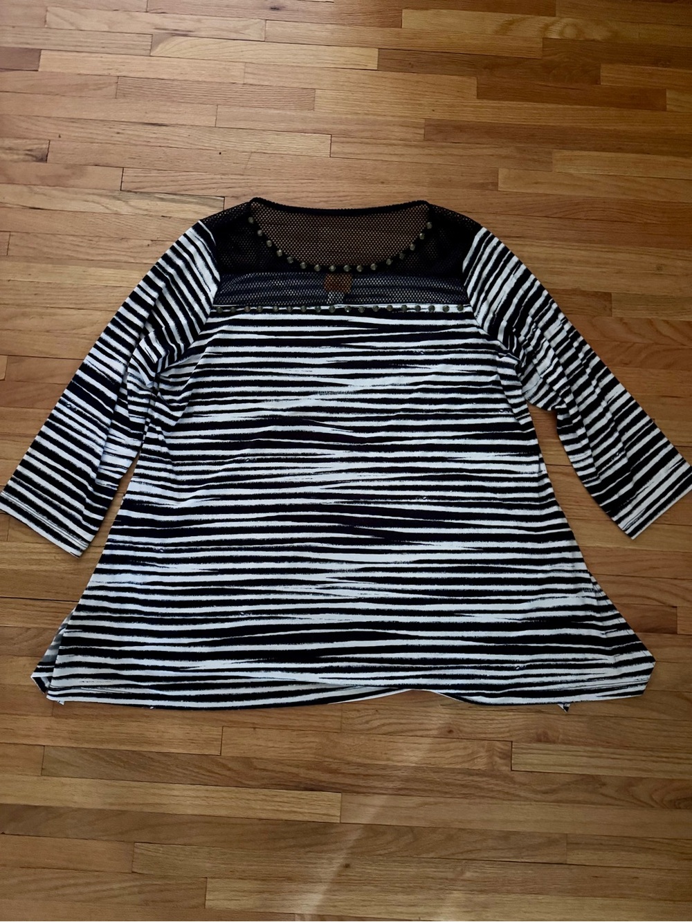 Ruby Rd Black & White Striped Mesh Yoke Tunic 1X